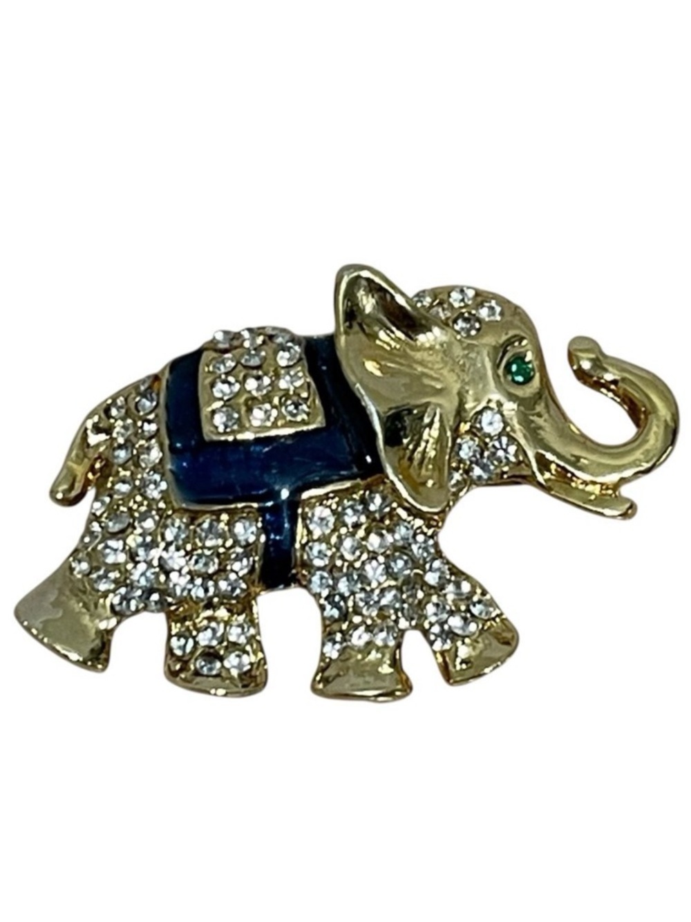 Elephant Trunk Up Gold Tone Rhinestone Embellished Brooch Pin Green Gemstone Eye
